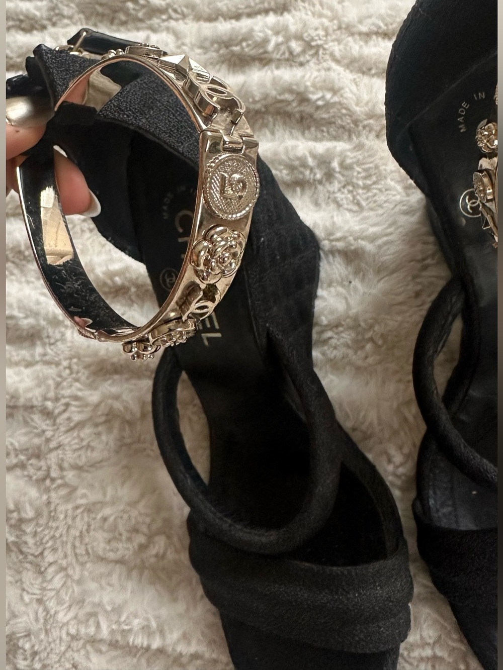 CHANEL Black Canvas Logo Lucky Charms Wedge Sandals - Picture 9 of 16